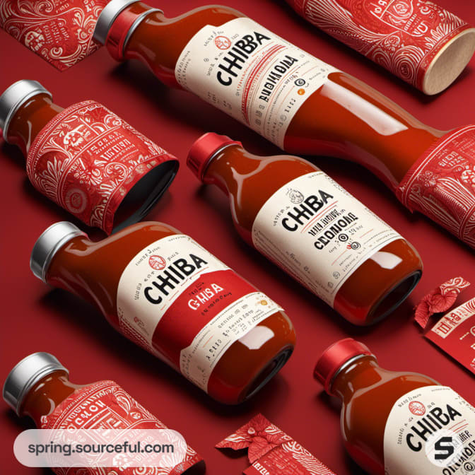 Assorted sauce bottles and boxes with red and white labels on a red background.