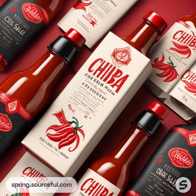 Chili sauce bottles and decorative packaging with chili illustrations and red labels.