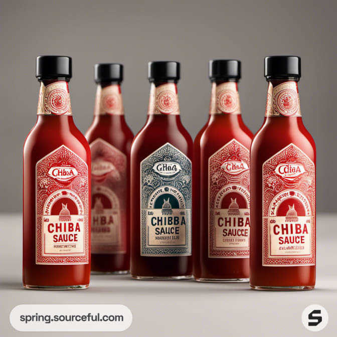 Five sauce bottles with ornate labels and black caps on a neutral background.