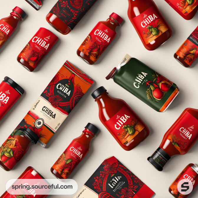 Variety of sauce bottles and packages with red and green labels on a light background.