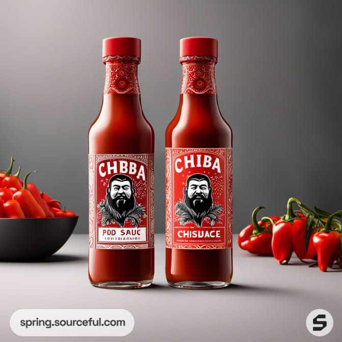 Two red sauce bottles with illustrated labels and red caps next to fresh chili peppers.