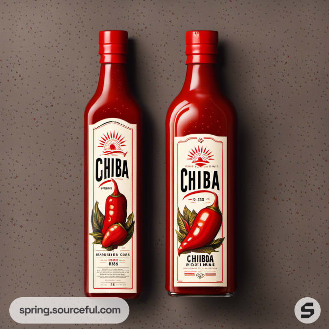 Pair of tall sauce bottles with chili illustrations on white labels against a textured background.