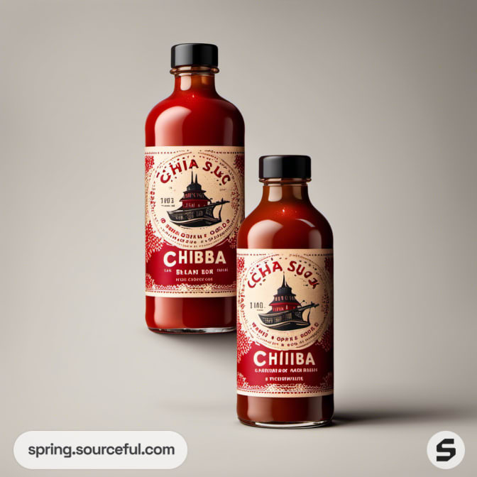 Two sauce bottles with vintage-style labels, featuring a pagoda design against a gradient background.