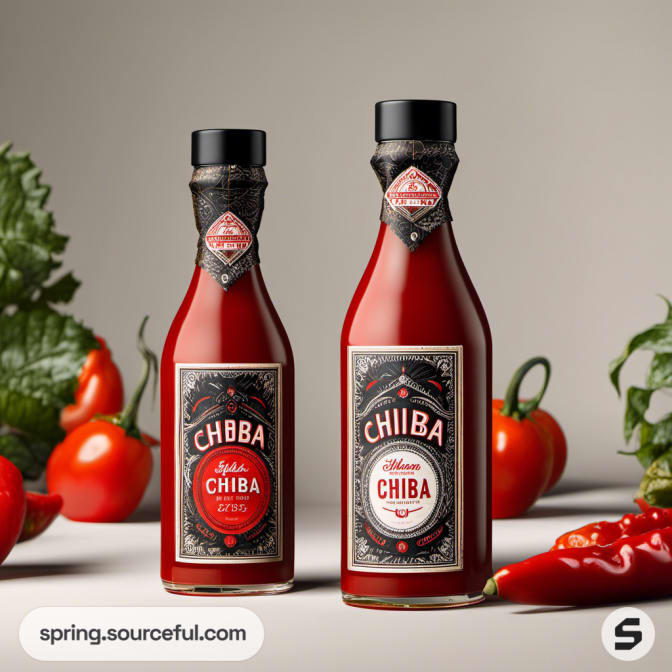 Two ornate sauce bottles with black caps, surrounded by fresh tomatoes and chili peppers.