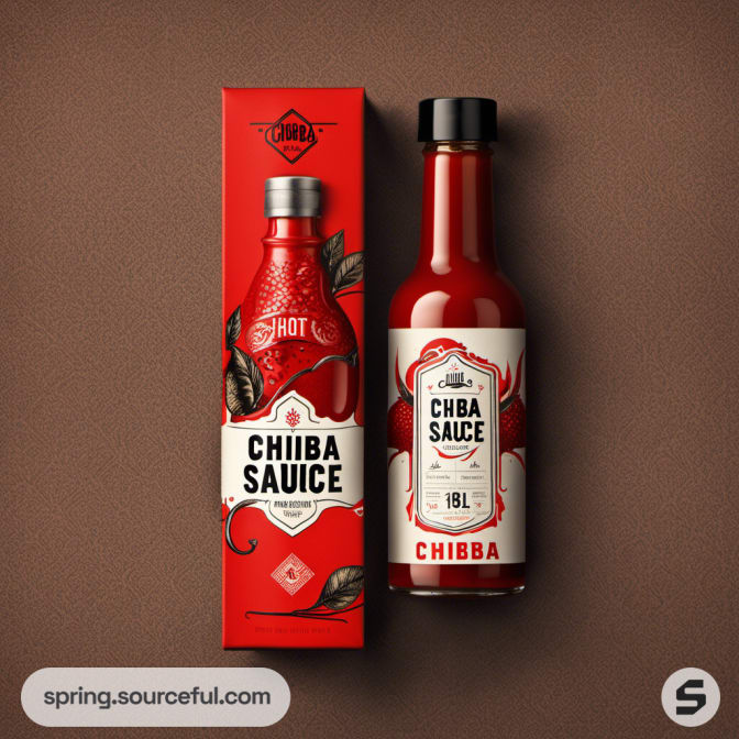 Sauce bottle with ornate label and matching red box with chili pepper imagery.
