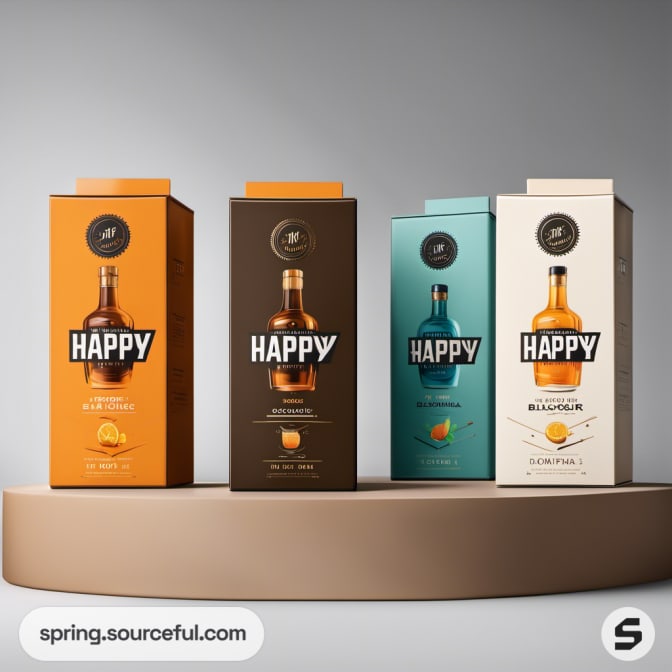 Four 'HAPPY' bottles in vibrant orange, brown, blue, and cream paper boxes on display.