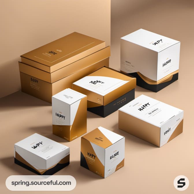 Assorted gold and white boxes labeled 'HAPPY', in various sizes on a beige surface.