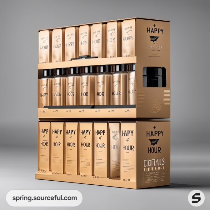 Display of 'HAPPY HOUR' cocktail shakers on shelves, in golden brown boxes with visible branding.