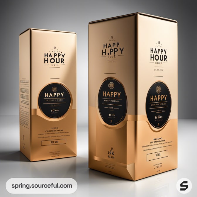 Two tall golden boxes with 'HAPPY HOUR' design, showcasing premium packaging details.