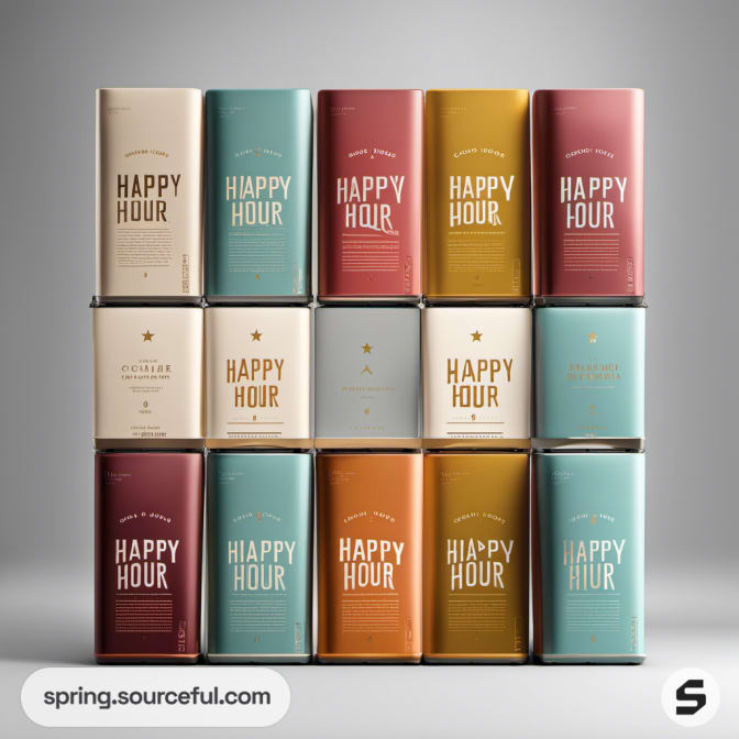 Grid of 'HAPPY HOUR' boxes in pastel shades, arranged neatly to show colorful variety.