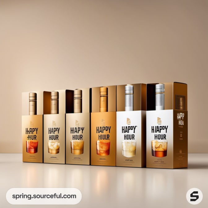 Row of 'HAPPY HOUR' cocktail boxes in different shades, with partially visible bottle design.