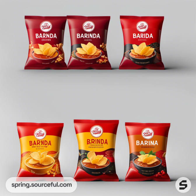 Red and gold snack bags with chips on front.