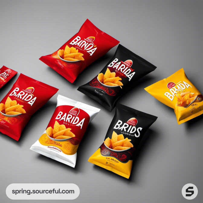 Assorted colorful snack bags on a gray surface.