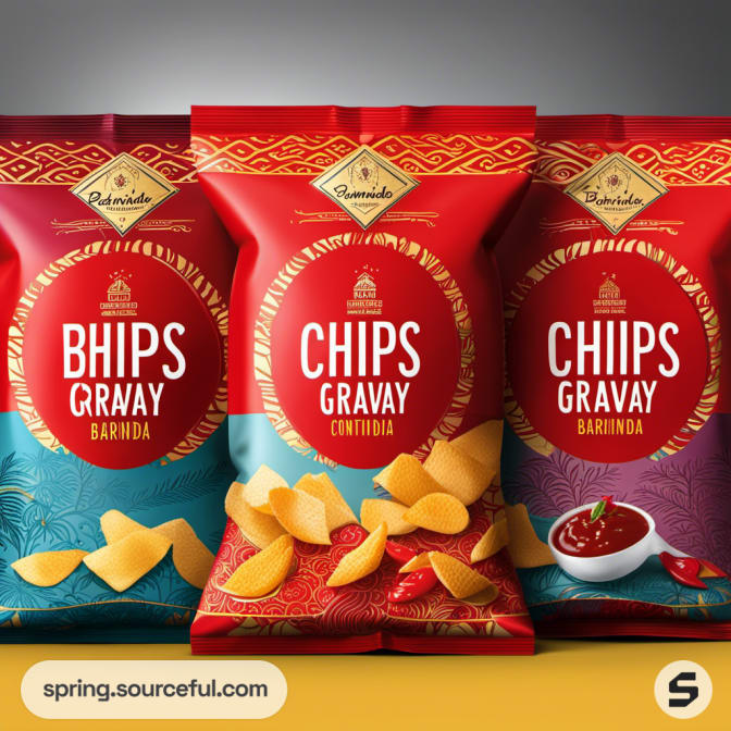 Three colorful chip bags with gravy theme.