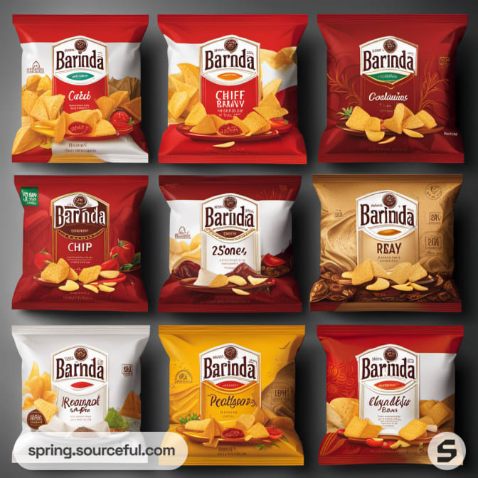 Nine snack bags with varying designs and colors.