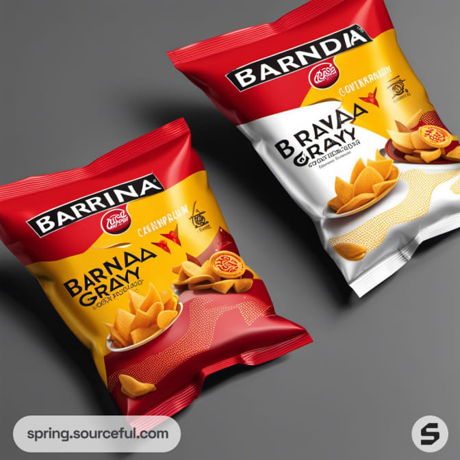Two snack bags with red and white design.