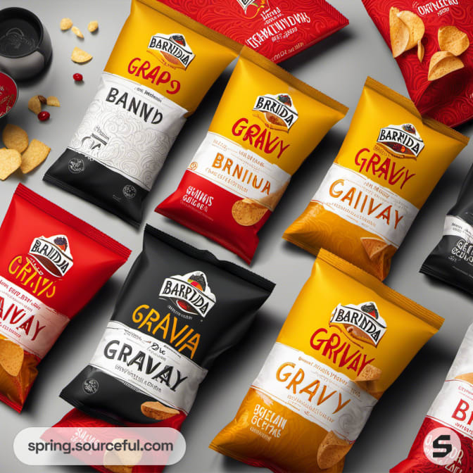 Assorted snack bags with bold logo designs.