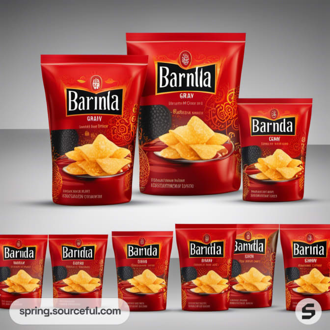 Red packaged snack bags displayed on tabletop.