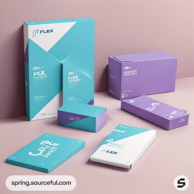 Various sized FLEX boxes in teal and purple on a pink background.