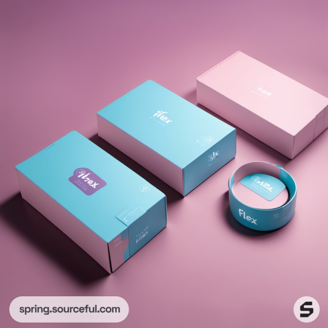 Teal and pink boxes with 'flex' branding on a pink surface.