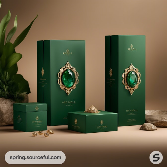 Elegant green boxes with gold accents and emerald details on a neutral background.