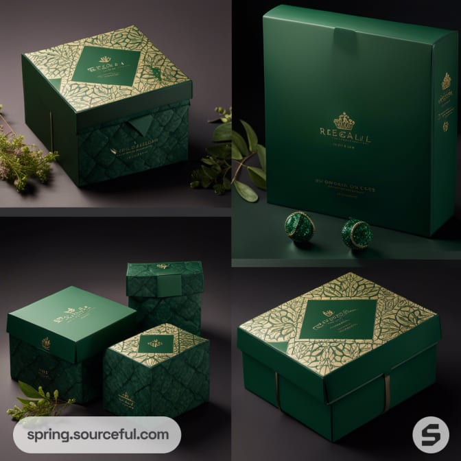 Dark green luxury boxes with intricate gold designs and logos, arranged decoratively.