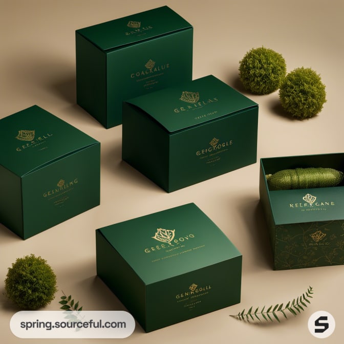 Set of green boxes with minimalist gold branding, surrounded by moss and leaves.