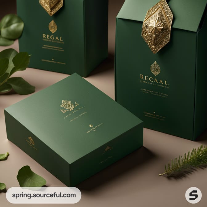 Green and gold boxes with ornate embellishments, alongside botanical elements.