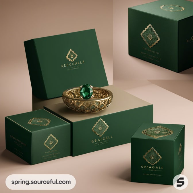 Green gift boxes showcasing a large emerald ring, arranged aesthetically.