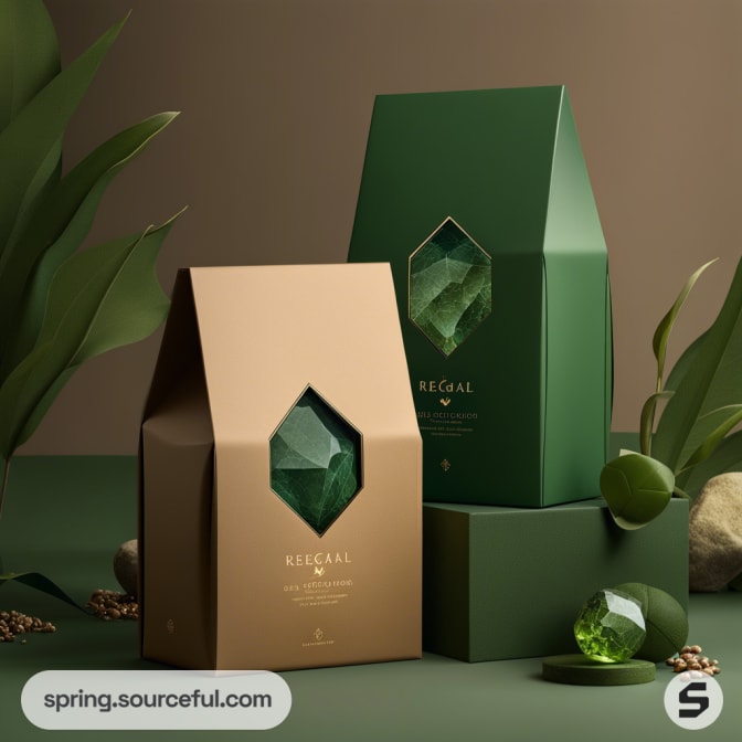 Tall green and beige boxes with gemstone details, surrounded by leaves.