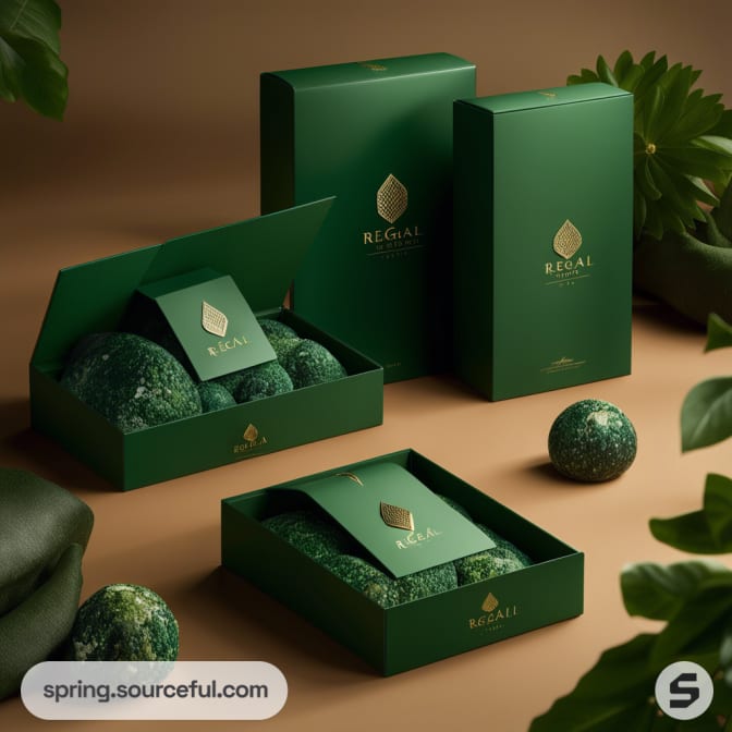 Opened green boxes filled with decorative fabric spheres and cards inside.