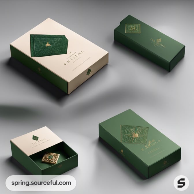 Elegant boxes with gold and green branding, showcasing distinctive patterns.