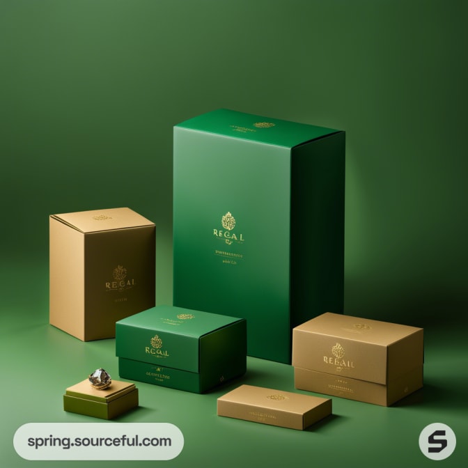 Assorted green and gold boxes with minimalist design, on a green backdrop.