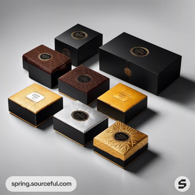 Assorted textured gift boxes in gold and black