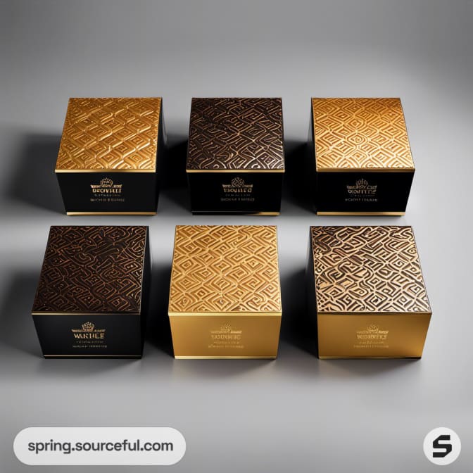 Gold boxes with textured geometric patterns