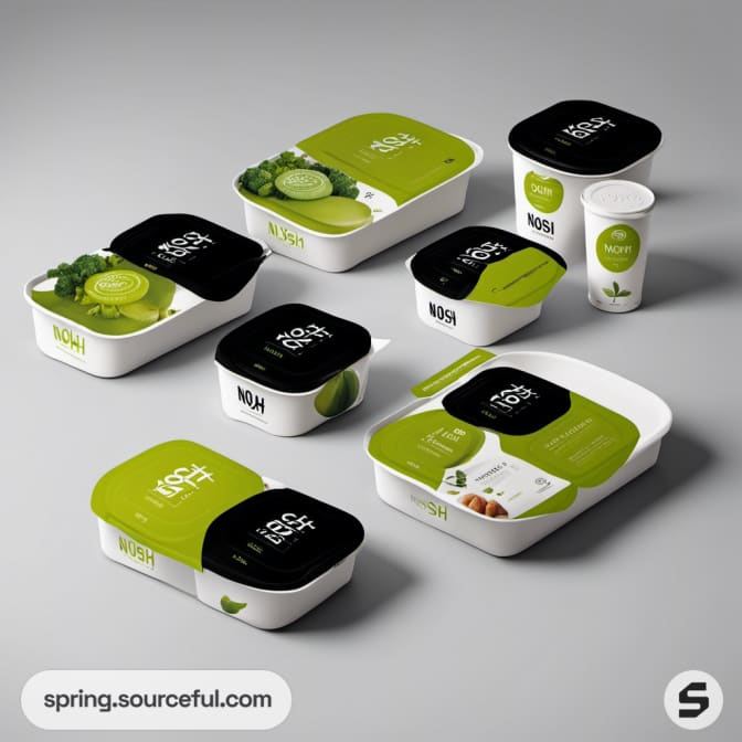 Assorted food containers with green and black lids on a gray background.