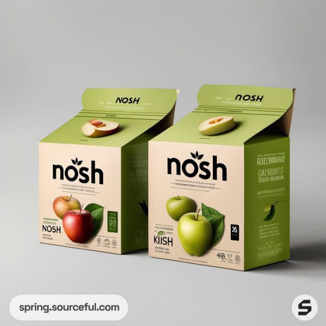 Two cardboard boxes with images of apples, labeled 'nosh'.