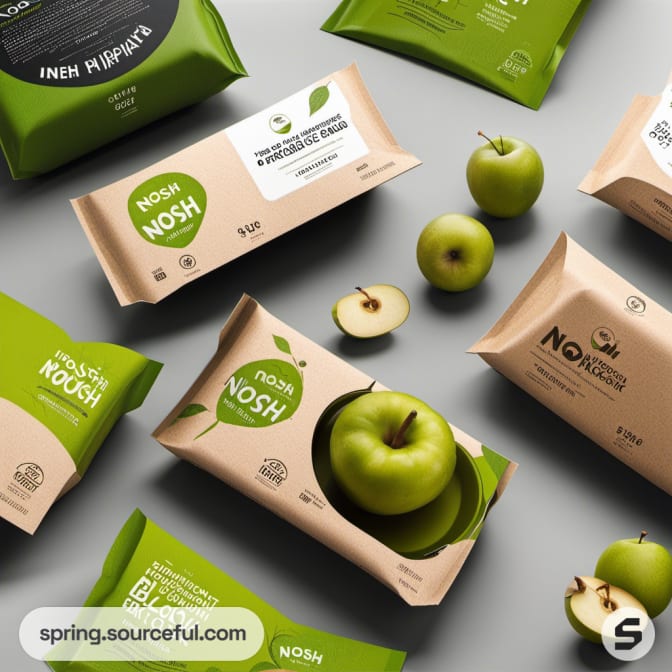 Green and beige snack packets with apple imagery and 'NOSH' labels.