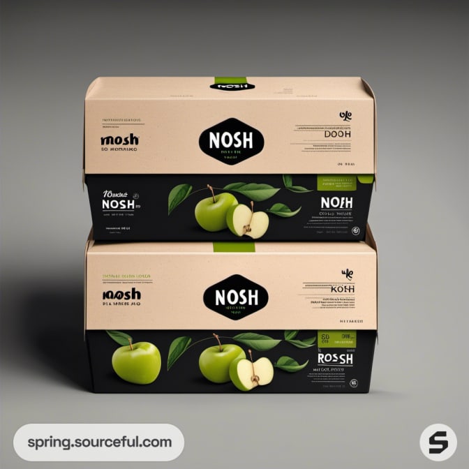 Two stackable beige boxes featuring green apples and NOSH branding.