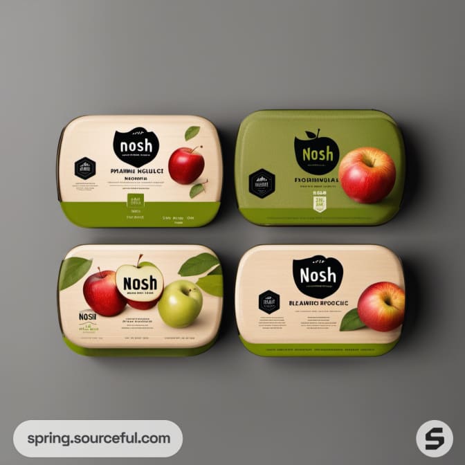 Four rectangular food packages with apple graphics and NOSH branding.