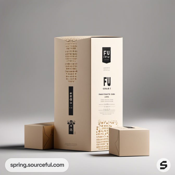 Tall beige box with minimalist black text and design, accompanied by two smaller beige boxes against a plain background.