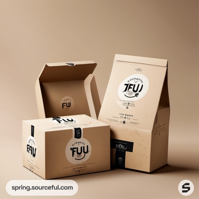 Kraft packaging with black and white graphics, featuring a mailer box and two sealed pouches on a beige background.