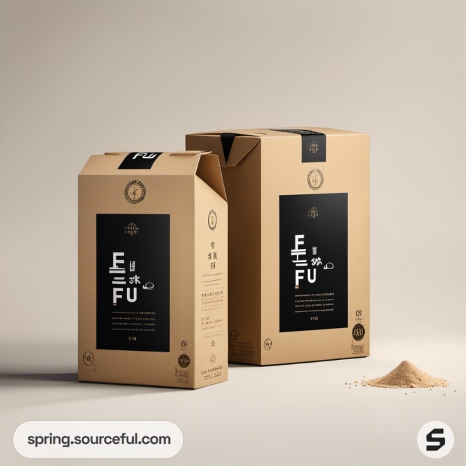 Tan folding cartons with bold black label, each containing powder, shown with a small pile of powder nearby.