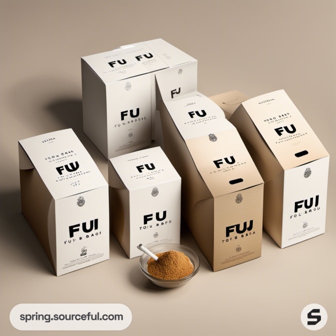 Various-sized white and beige boxes with fold-top design on a neutral background, featuring minimalist text and a small bowl of sugar.