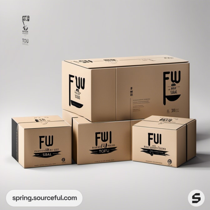 Set of four brown cardboard boxes with bold black text and logos on a plain background.
