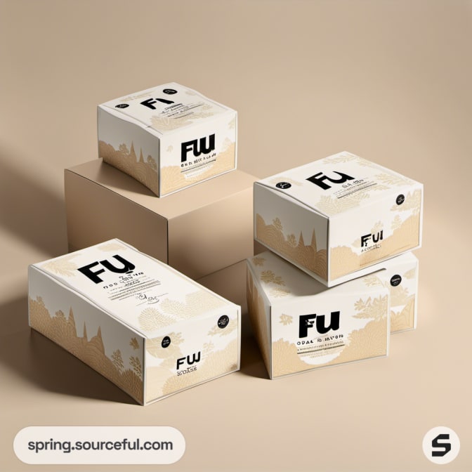 Four beige cardboard boxes with minimalist tree patterns on a light brown background.