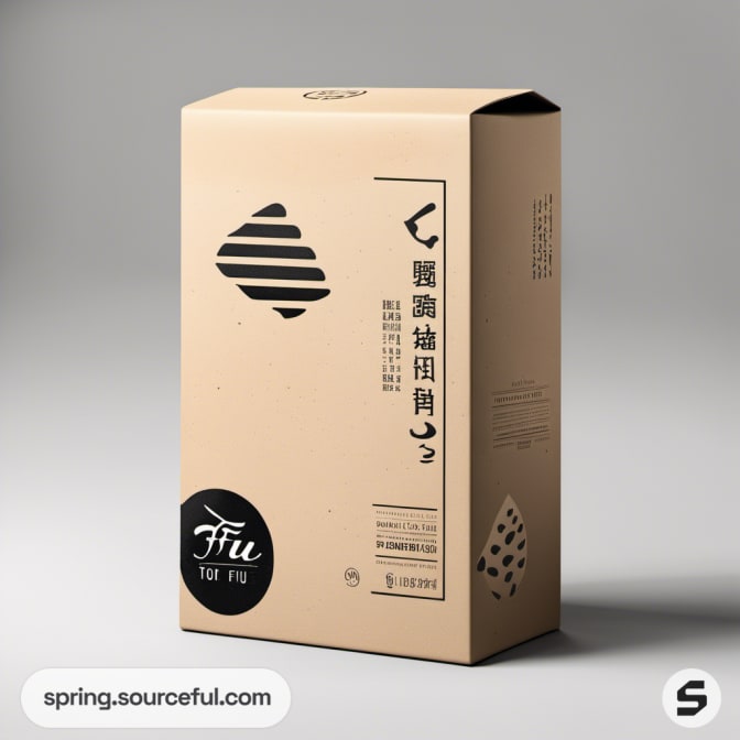 Tall beige cardboard box with minimal black graphics and text, set against a neutral background.