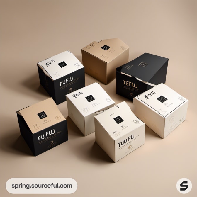 Assorted eco-friendly cardboard boxes with minimalist design in black, white, and beige colors on a beige background.