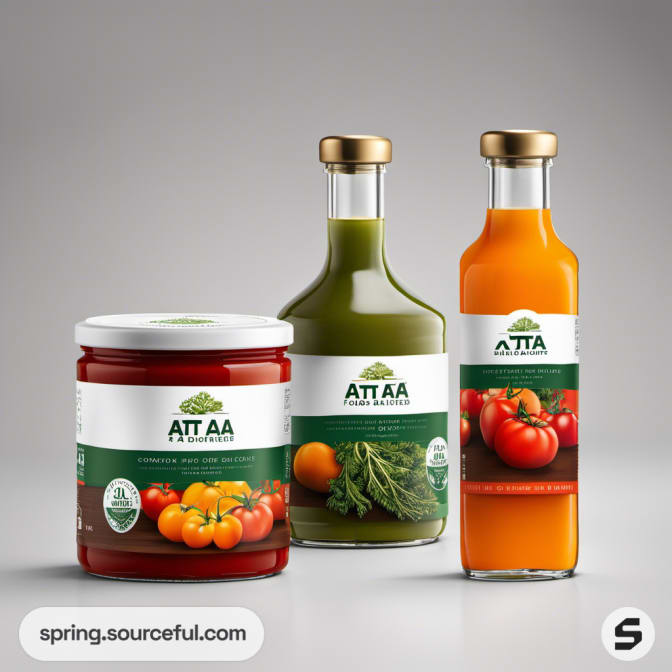 Three jars and bottles of vegetable sauces with green and orange labels.