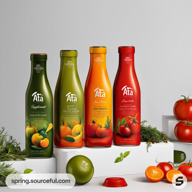 Four slender bottles of vegetable juices in varying colors; green, orange, and red.